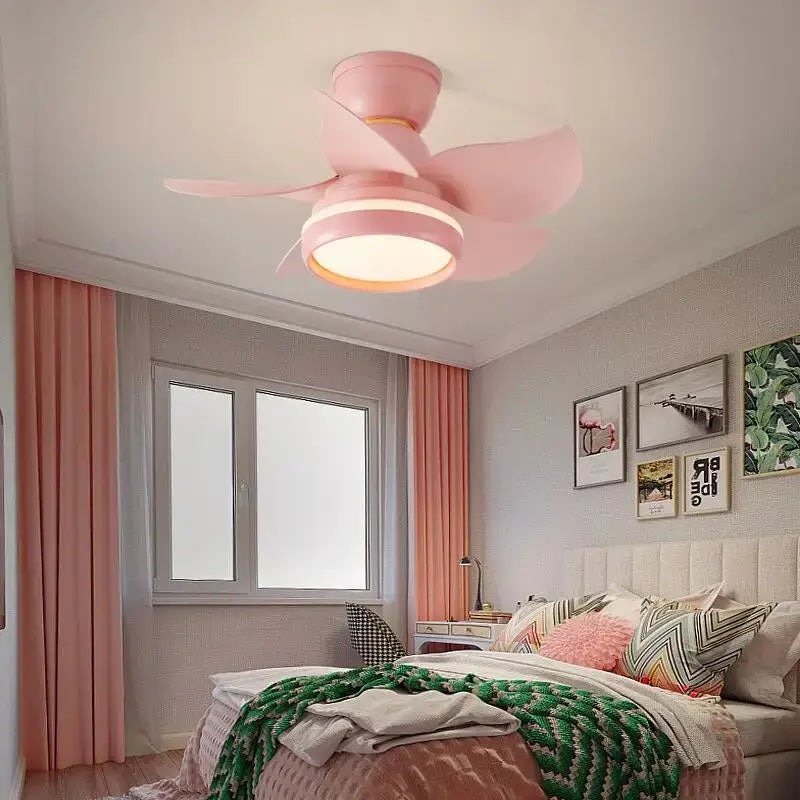 Modern pink and white kids ceiling fan with three blades and circular light fixture with remote control for bedroom