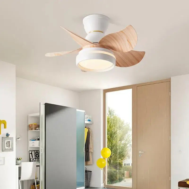 Modern pink and white kids ceiling fan with three light wood blades integrated led lighting and remote control