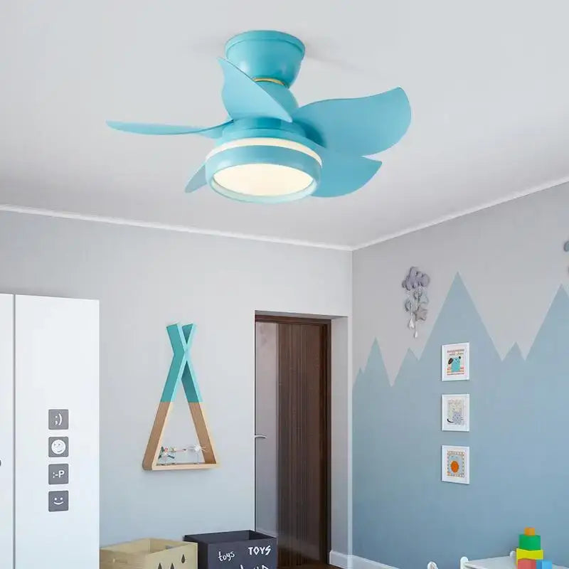Light blue ceiling fan with curved blades and integrated led lighting for modern pink and white kids bedroom with remote control