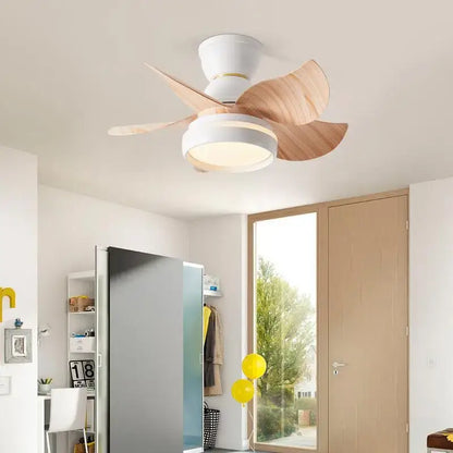 Modern pink and white kids ceiling fan with three light wood blades and remote control for bedroom use