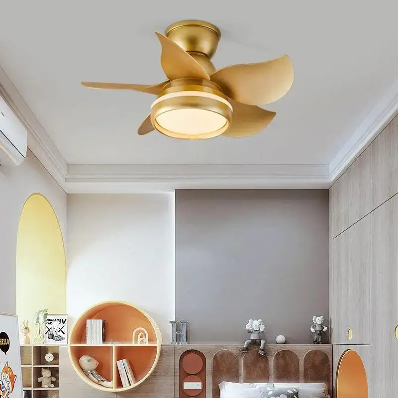 Gold-toned modern ceiling fan with sleek blades and integrated lighting designed for kids bedroom with remote control