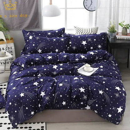 Navy blue starry night cartoon printed bedding set with white stars and shooting comets from decorbites bedding sets