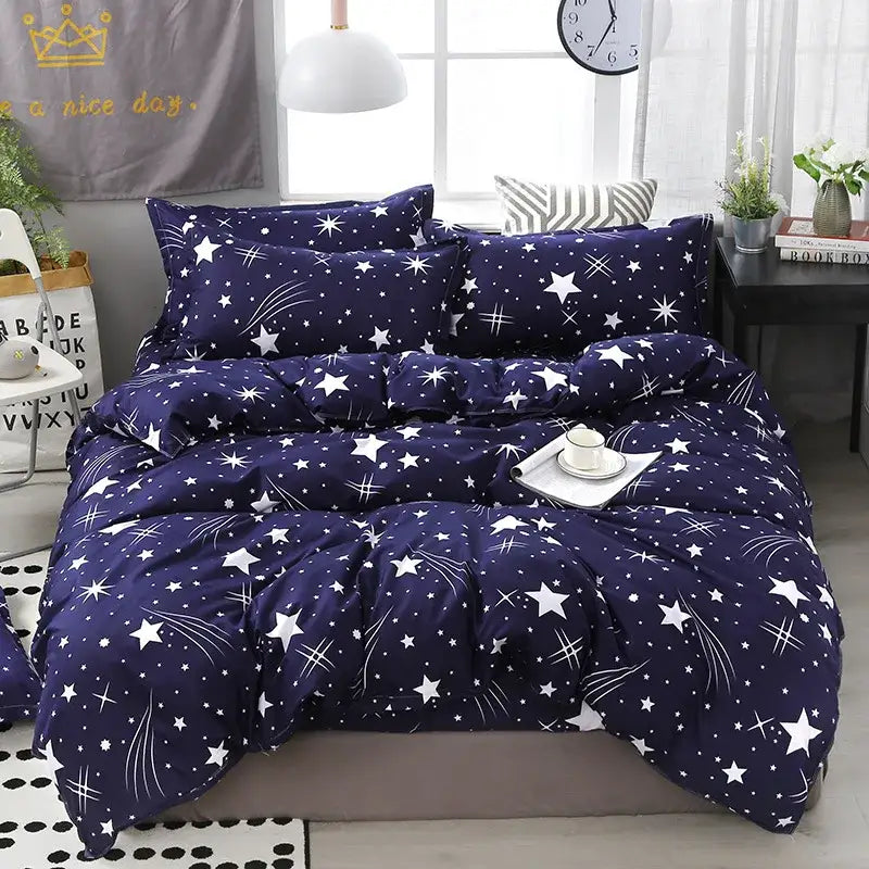 Navy blue starry night cartoon printed bedding set with white stars and shooting comets from decorbites bedding sets