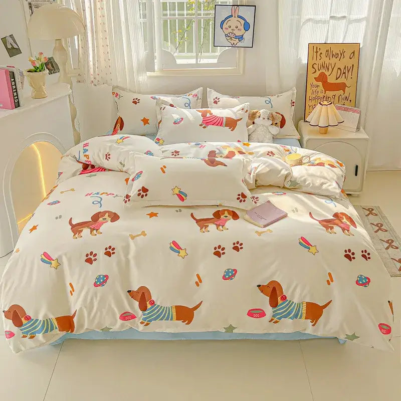 Modern plaid decorbites cartoon printed bedding sets featuring cute dachshund designs on soft white fabric