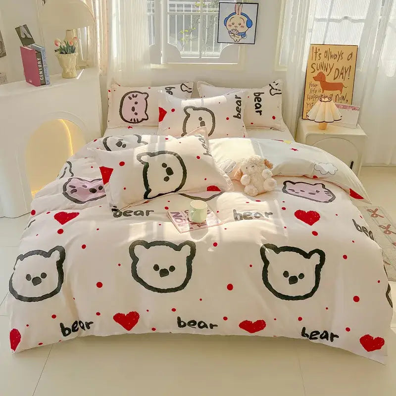 Modern plaid cartoon printed bedding sets featuring white bedding with black outlined bear faces red hearts and bear text