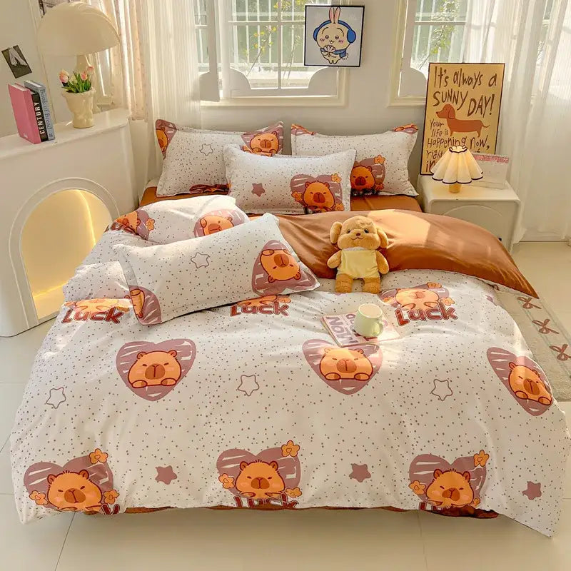 Modern plaid cartoon printed bedding sets featuring cute white fabric with orange cartoon beaver and luck text design