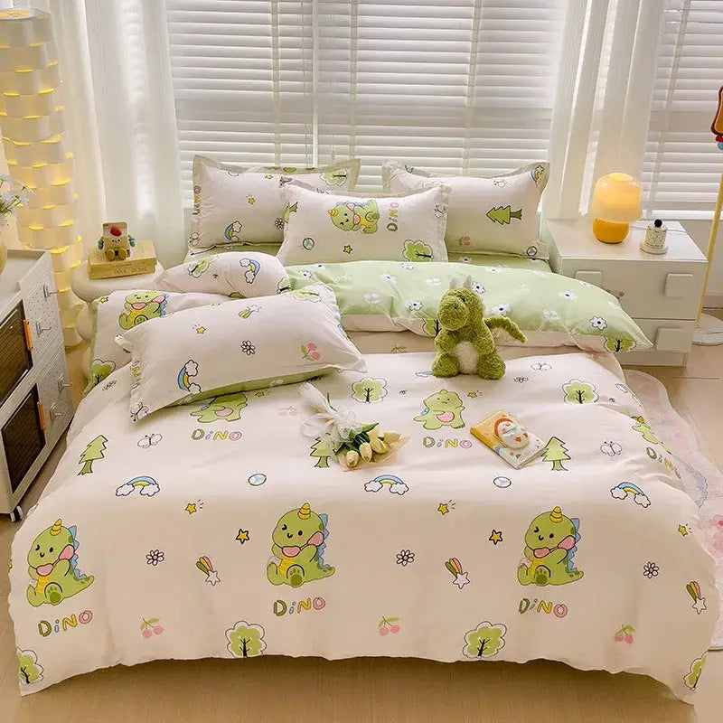 Modern plaid cartoon printed bedding sets featuring a cute green dinosaur theme with pastel accents and dino lettering