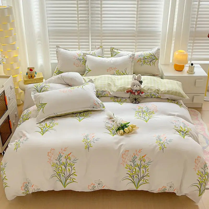 White bedding sets with delicate green pink and gray botanical prints from decorbites cartoon printed quilt cover kit
