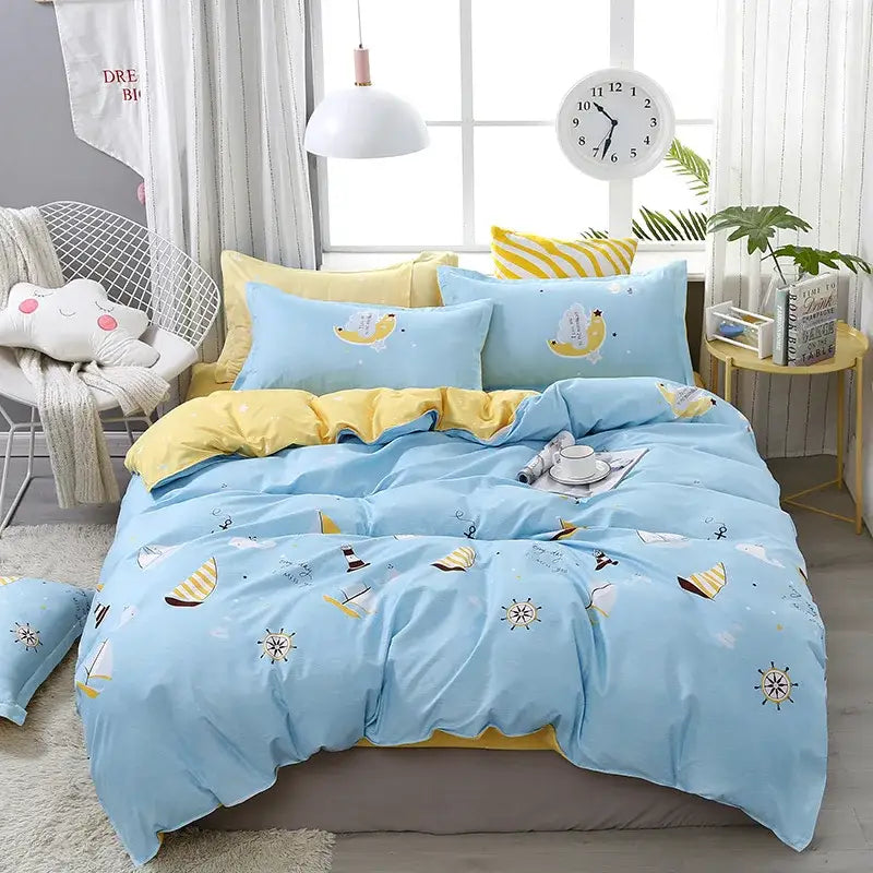 Modern plaid decorbites cartoon printed bedding sets featuring light blue nautical patterns with yellow accents