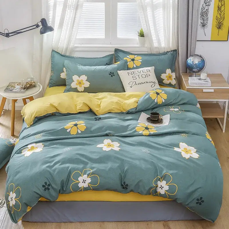 Teal and yellow floral modern plaid cartoon printed bedding set with white flowers outlined in gold by decorbites cartoon printed