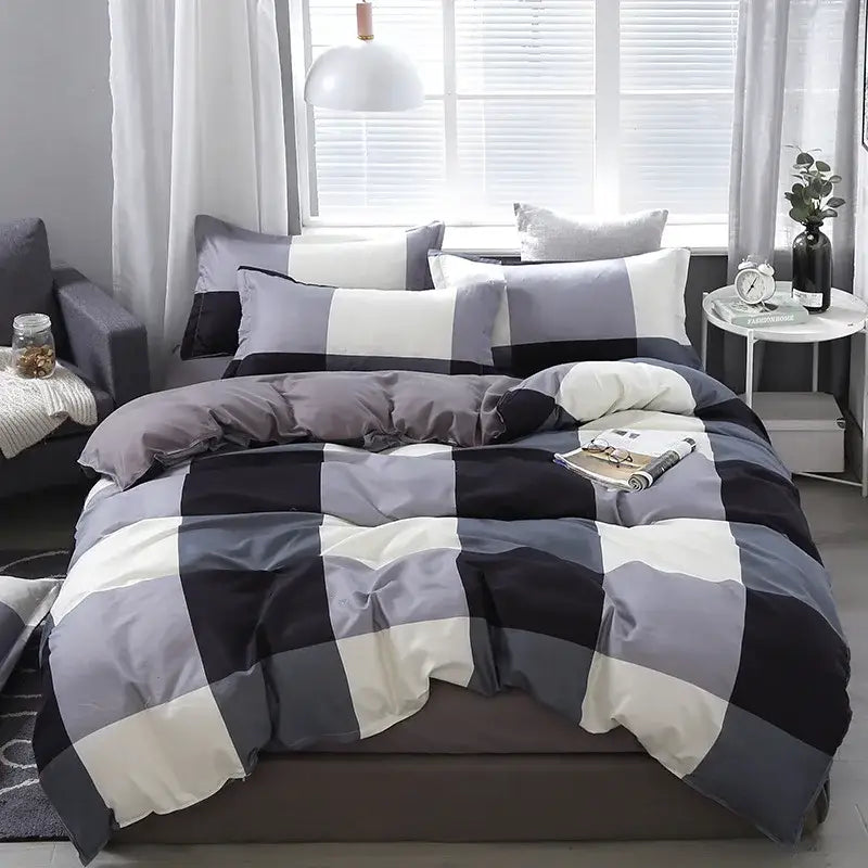Gray and black checkered modern plaid cartoon printed bedding sets with white accents for bedroom decorbites cartoon printed use