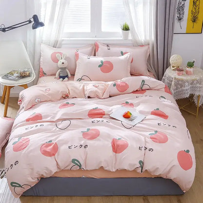 Modern plaid cartoon printed bedding sets with pink peach-themed soft cotton fabric and playful decorbites cartoon printed design