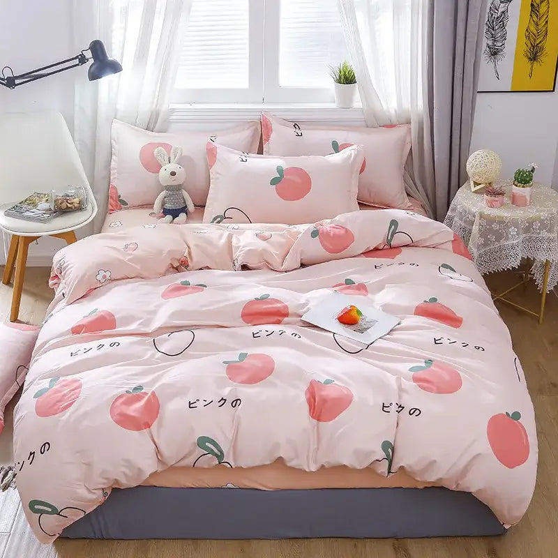 Modern plaid cartoon printed bedding sets with pink peach-themed soft cotton fabric and playful decorbites cartoon printed design