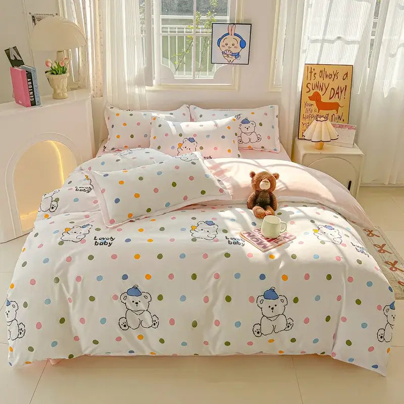 White duvet cover from decorbites cartoon printed bedding sets featuring playful bears blue hats and colorful polka dots