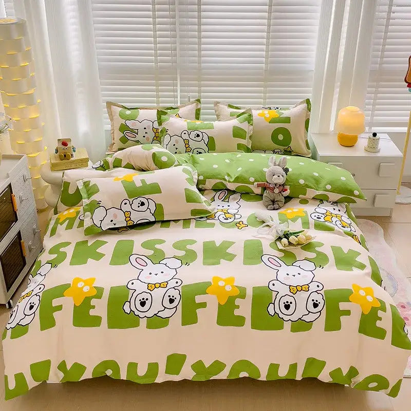 A cozy cream bedding set with decorbites cartoon printed bunnies and yellow stars on soft cotton fabric