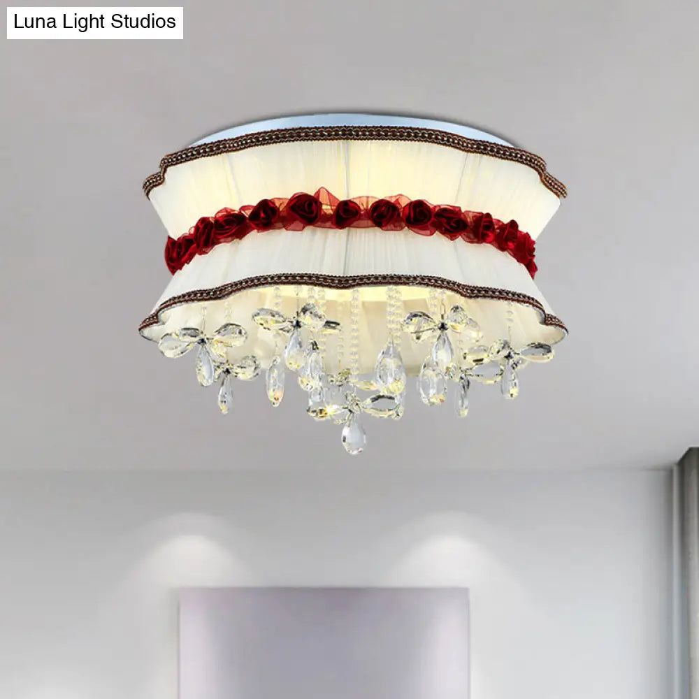 DecorBites™ DecorBites™ Modern Pleated Fabric Bouquet Flush Mount LED Ceiling Light in Beige with Red Rose Accent and Crystal Drops for Bedroom