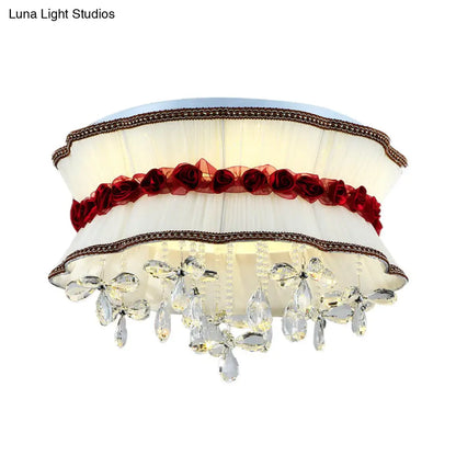 DecorBites™ DecorBites™ Modern Pleated Fabric Bouquet Flush Mount LED Ceiling Light in Beige with Red Rose Accent and Crystal Drops for Bedroom