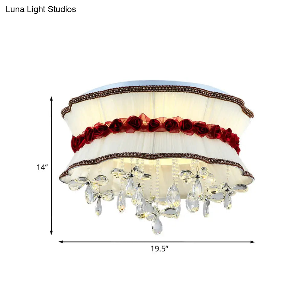 DecorBites™ DecorBites™ Modern Pleated Fabric Bouquet Flush Mount LED Ceiling Light in Beige with Red Rose Accent and Crystal Drops for Bedroom