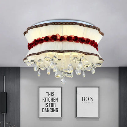 DecorBites™ DecorBites™ Modern Pleated Fabric Bouquet Flush Mount LED Ceiling Light in Beige with Red Rose Accent and Crystal Drops for Bedroom