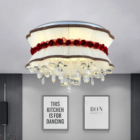 DecorBites™ DecorBites™ Modern Pleated Fabric Bouquet Flush Mount LED Ceiling Light in Beige with Red Rose Accent and Crystal Drops for Bedroom