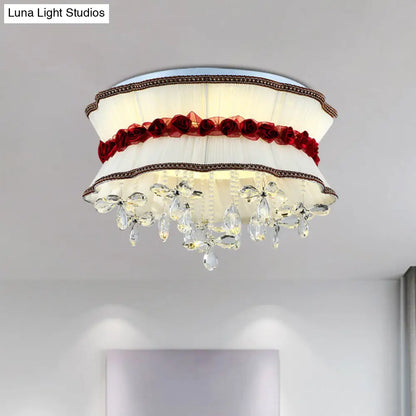 DecorBites™ DecorBites™ Modern Pleated Fabric Bouquet Flush Mount LED Ceiling Light in Beige with Red Rose Accent and Crystal Drops for Bedroom