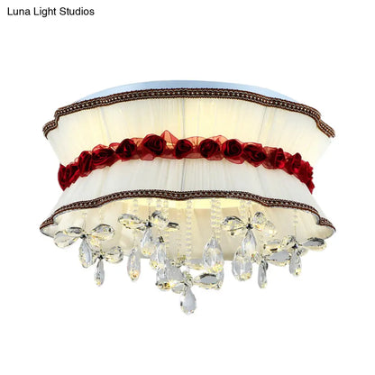 DecorBites™ DecorBites™ Modern Pleated Fabric Bouquet Flush Mount LED Ceiling Light in Beige with Red Rose Accent and Crystal Drops for Bedroom