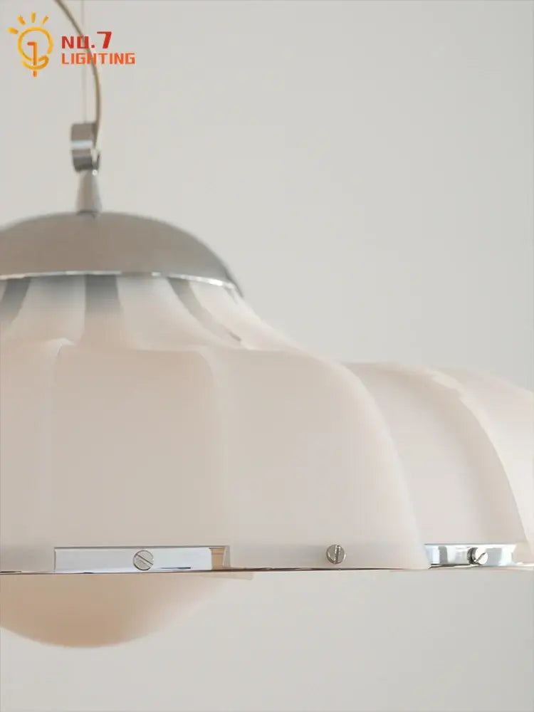 Modern pleated off white double diffuse pendant lights featuring cream ribbed glass and polished chrome frame for dining room