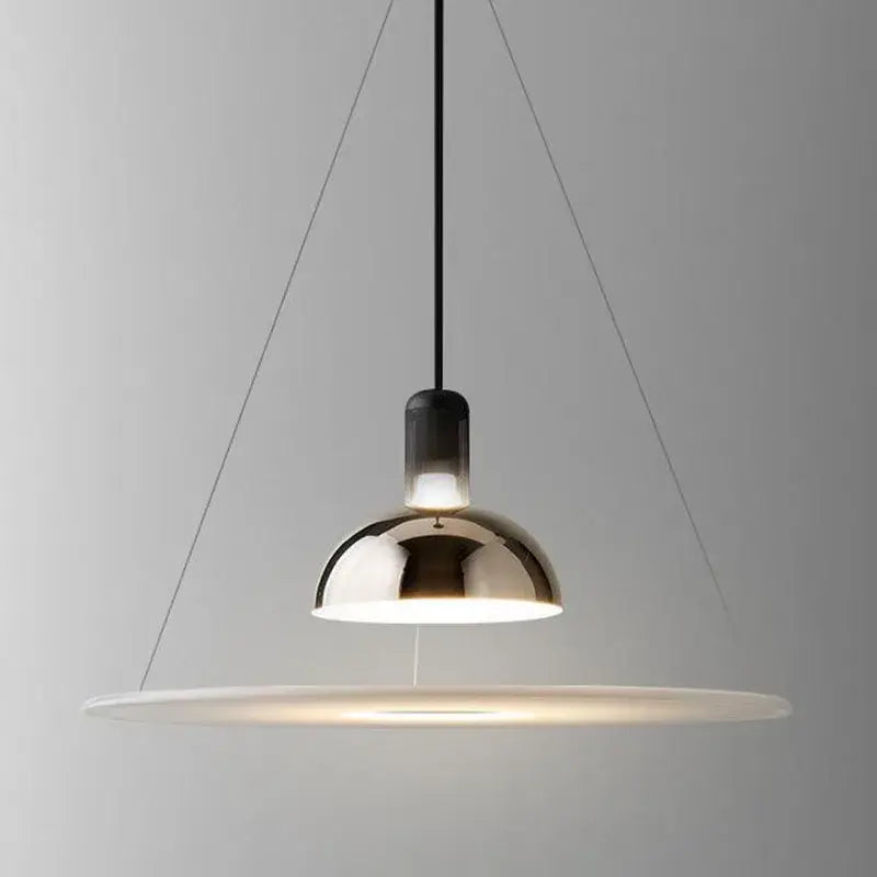 Modern polished brass and white flying saucer chandelier with dome shade suspended by black cords for bedroom decorbites flying saucer