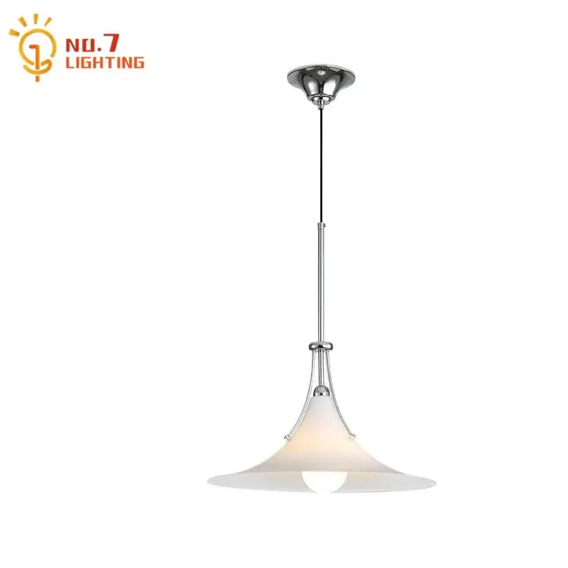 A sleek modern pendant light with polished chrome finish and white glass shade for decorbites french medieval led use