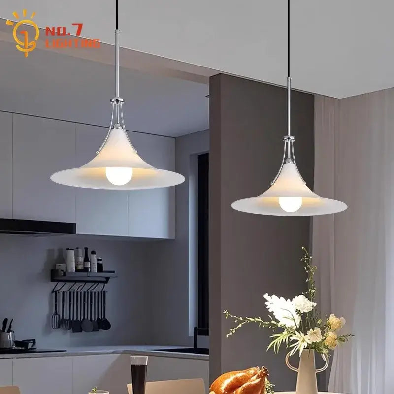 Two modern pendant lights with polished chrome frames and white glass shades for decorbites french medieval led kitchen lighting