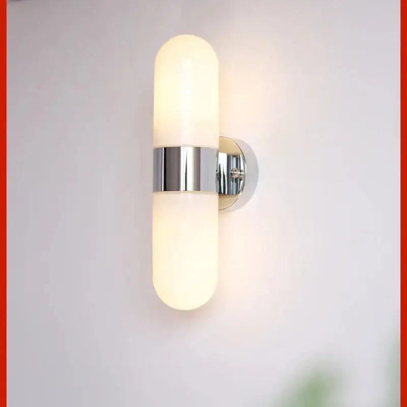 Modern polished chrome led vanity mirror light bathroom sconce with frosted glass cylinder and polished chrome band