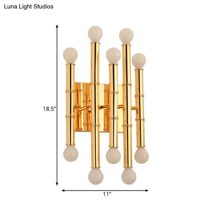 Modern polished gold metal tubes bamboo wall sconce with five frosted glass globe shades for hallway lighting