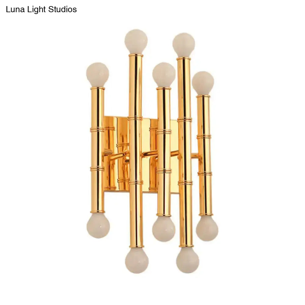 Modern polished gold metal tubes bamboo wall sconce with six frosted glass globes for hallway lighting