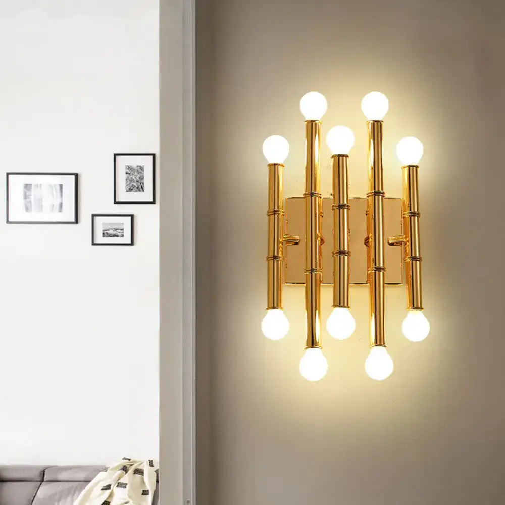 Modern polished gold metal tubes bamboo wall sconce with multiple spherical bulbs for hallway lighting