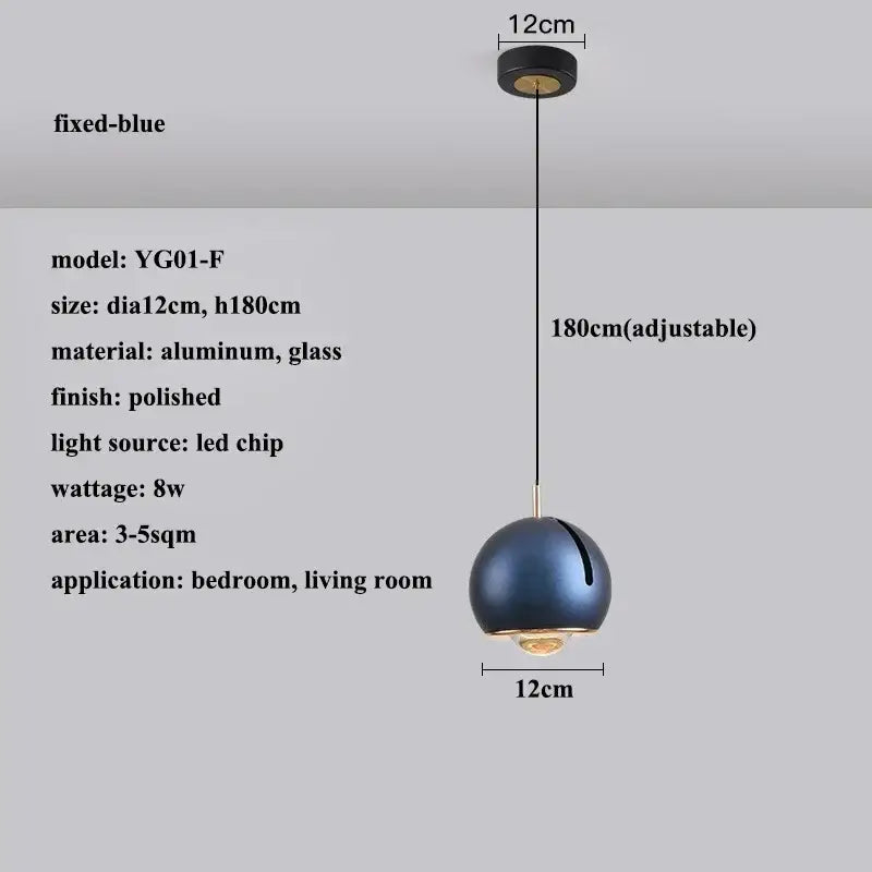 Modern polished metallic fixed-blue yg01-f pendant light with adjustable angle and glass spherical shade for dining room decorbites adjustable angle