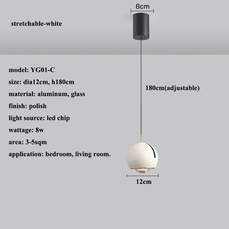 A sleek stretchable white pendant light with polished aluminum and glass finish featuring adjustable angle for dining room decorbites
