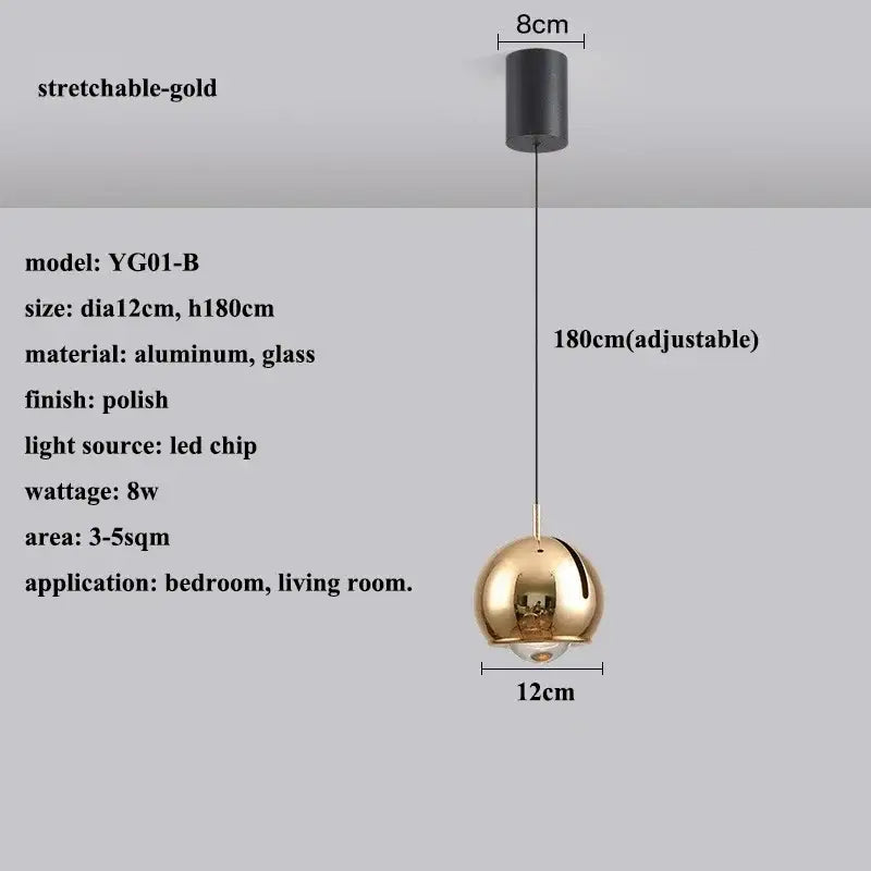 Stretchable gold spherical pendant light model yg01-b with polished aluminum and glass adjustable angle decorbites pendant light
