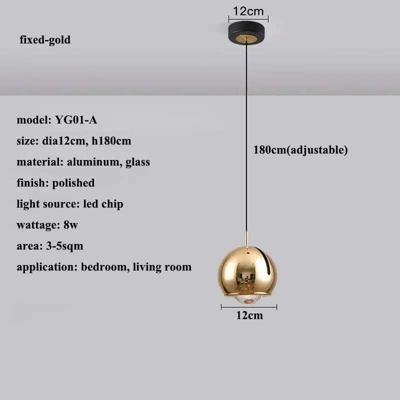 Fixed-gold spherical pendant light with polished aluminum and glass globe 12cm diameter modern adjustable angle decorbites