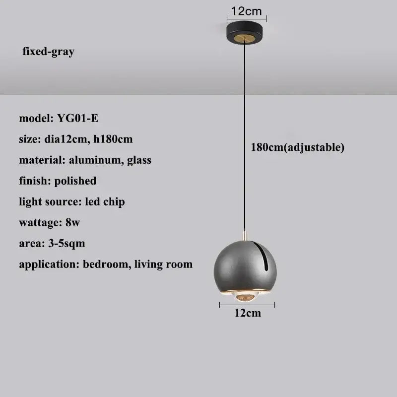 Fixed-gray yg01-e pendant light with polished aluminum glass shade 12cm diameter and 180cm adjustable angle cable