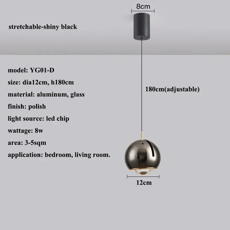 A sleek stretchable shiny black pendant light with polished aluminum and glass globe design with adjustable angle