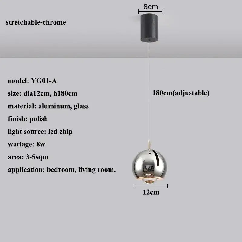 A sleek spherical pendant light with stretchable chrome finish aluminum and glass for adjustable angle decorbites