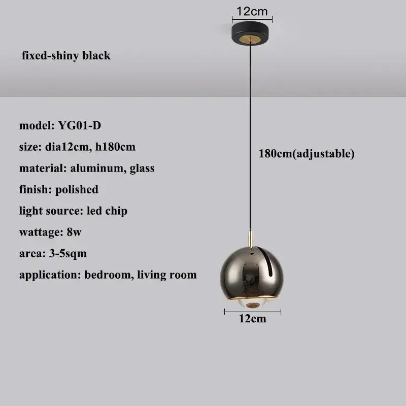 Shiny black spherical pendant light with polished aluminum and glass finish featuring 180cm adjustable angle cord for dining room decorbites adjustable angle