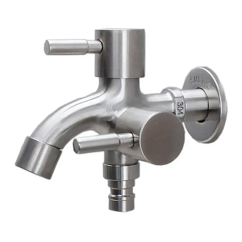 Modern polished stainless steel 304 double faucet wall mount with dual handles and integrated hose connector for outdoor use