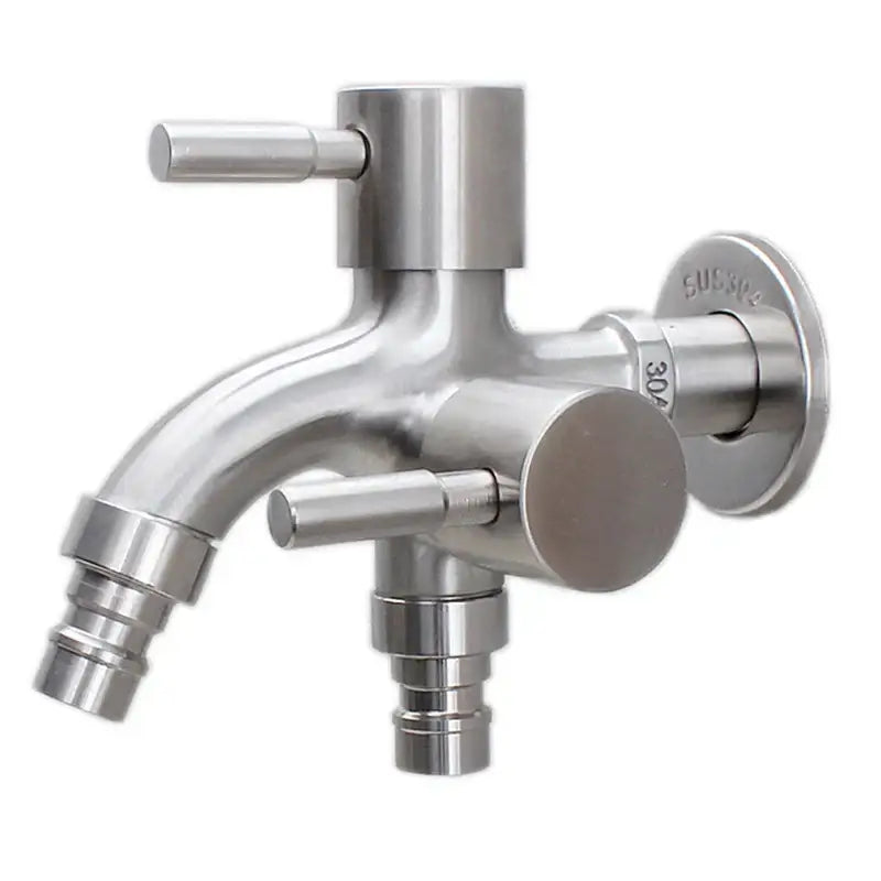 Modern polished stainless steel 304 double faucet wall mount with dual spouts for outdoor water control