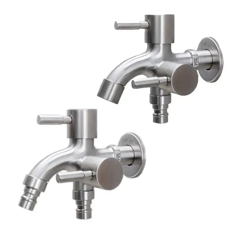 Modern polished stainless steel double faucet wall mount with sleek design and dual handles for hot and cold water control