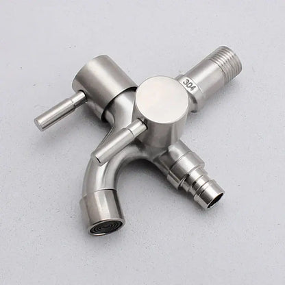 Modern polished stainless steel 304 double faucet wall mount with triple-handle brushed finish and threaded connections
