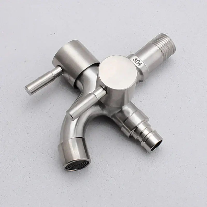 Modern polished stainless steel 304 double faucet wall mount with triple-handle brushed finish and threaded connections