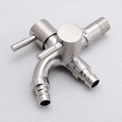 Modern polished stainless steel 304 double faucet wall mount with triple handles and threaded connections for kitchen use