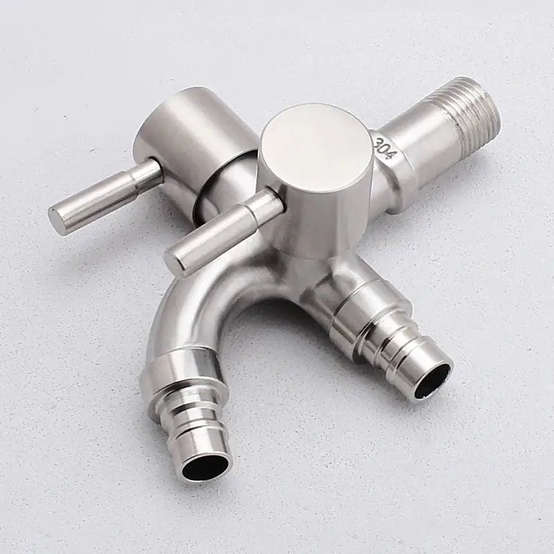 Modern polished stainless steel 304 double faucet wall mount with triple handles and threaded connections for kitchen use