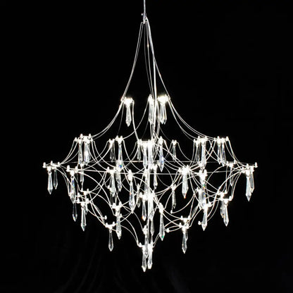 Modern polished steel pendant light with crystal prisms for contemporary interiors and dining room illumination